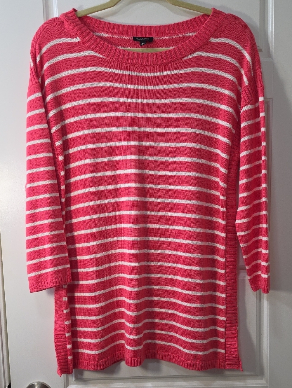 Talbots Coral Pink and White Striped Knit Tunic Sweater Medium